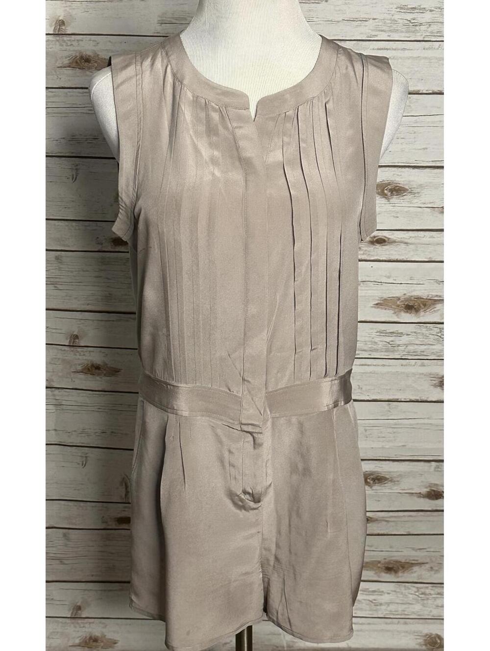 BCBGMaxAzria Paloma taupe sleeveless pleated 100% silk romper Size Medium